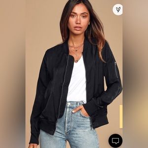 Lulus Black Lightweight Bomber Jacket w Silver Zippers, Front Pockets, Size XL